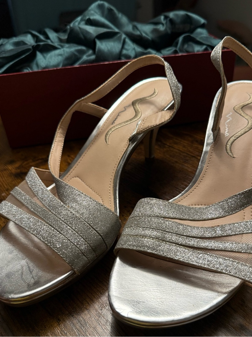 Nina Champagne Glitter Open-Toe Slingback Heels